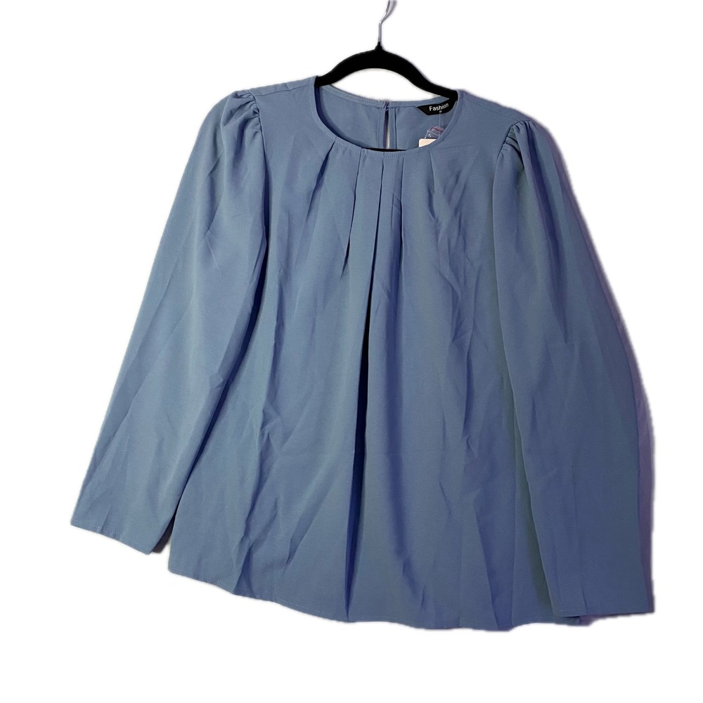 Fashion Pleated‎ Blouse Women Medium Blue NWT Puff Sleeve Keyhole Back Top